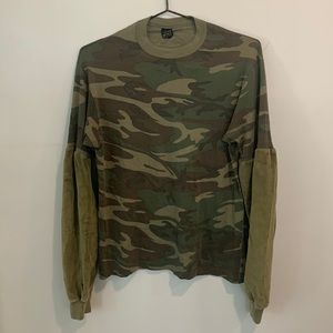 Vintage camouflage long sleeve velveteen shirt w/ denim patch hybrid custom made